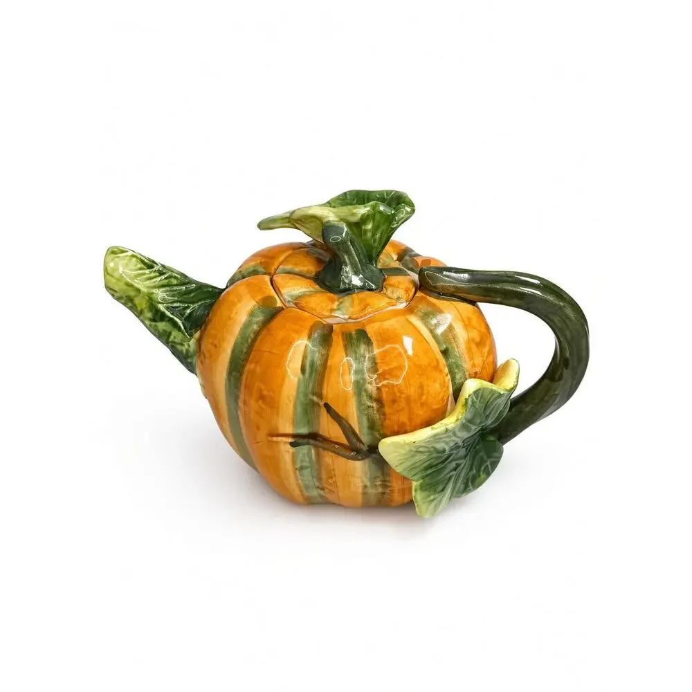 Hand Painted Ceramic Pumpkin Teapot, Vintage Fall Serveware, Orange Green